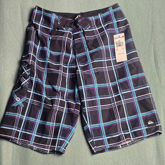Quiksilver Other - Quiksilver Boys Plaid Board Shorts Black Teal Purple Swim Trunks Size 10 NEW‎